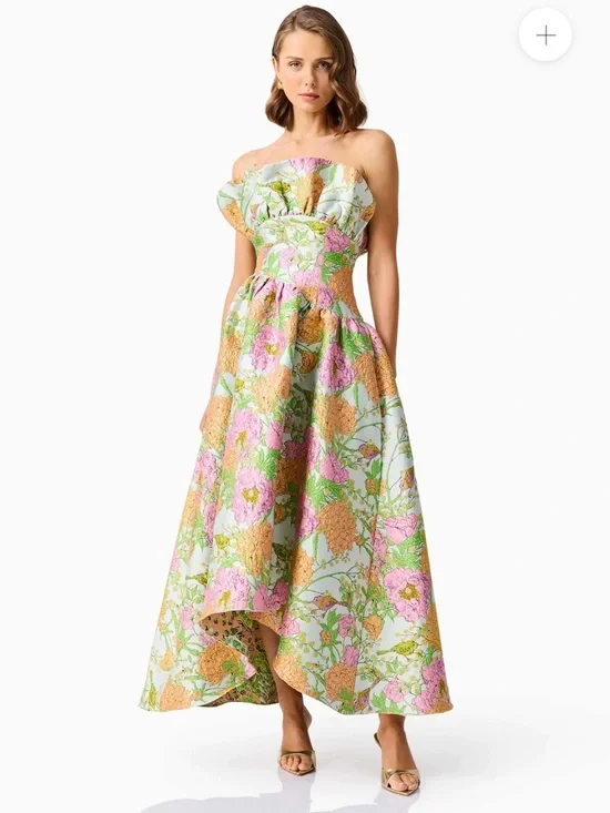 elliatt laurel green floral jacquard strapless ruffle maxi gown dress medium NEW - Picture 4 of 17